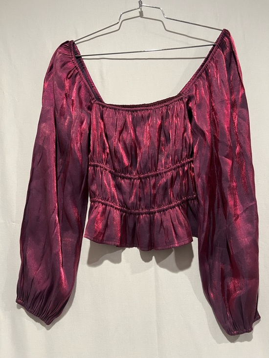 Adelyn Rae Tops - Adelyn Rae Metallic Burgundy Smocked Crop Top Puff Sleeve S
